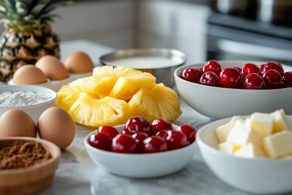 Beautifully styled pineapple upside down cake with caramelized pineapple and cherries, displayed in a modern kitchen setting.