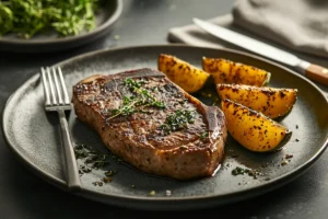 Overhead view of a perfectly grilled rebeye steak side by side on a rustic wooden board, highlighting the Tomahawk's long bone and the ribeye's rich marbling, surrounded by rosemary, sea salt, black pepper, and garlic butter.