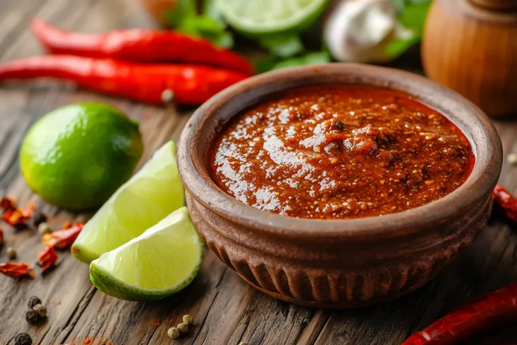 Top-down view of key ingredients for fajita sauce, including spices, lime, oil, and broth, neatly arranged on a wooden kitchen counter.