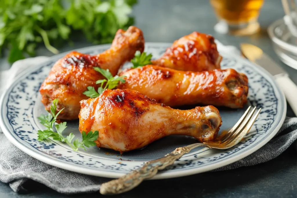 Perfectly smoked chicken drumsticks with crispy, golden-brown skin on a wooden cutting board, surrounded by BBQ sauce, coleslaw, and grilled vegetables in a rustic kitchen setting.