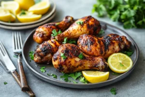 Perfectly smoked chicken drumsticks with crispy, golden-brown skin on a wooden cutting board, surrounded by BBQ sauce, coleslaw, and grilled vegetables in a rustic kitchen setting.