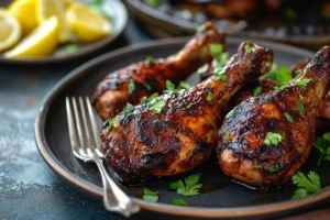 Perfectly smoked chicken drumsticks with crispy, golden-brown skin on a wooden cutting board, surrounded by BBQ sauce, coleslaw, and grilled vegetables in a rustic kitchen setting.