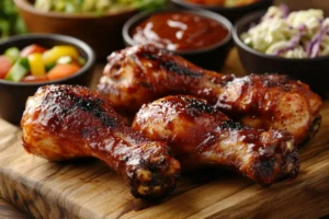 Perfectly smoked chicken drumsticks with crispy, golden-brown skin on a wooden cutting board, surrounded by BBQ sauce, coleslaw, and grilled vegetables in a rustic kitchen setting.