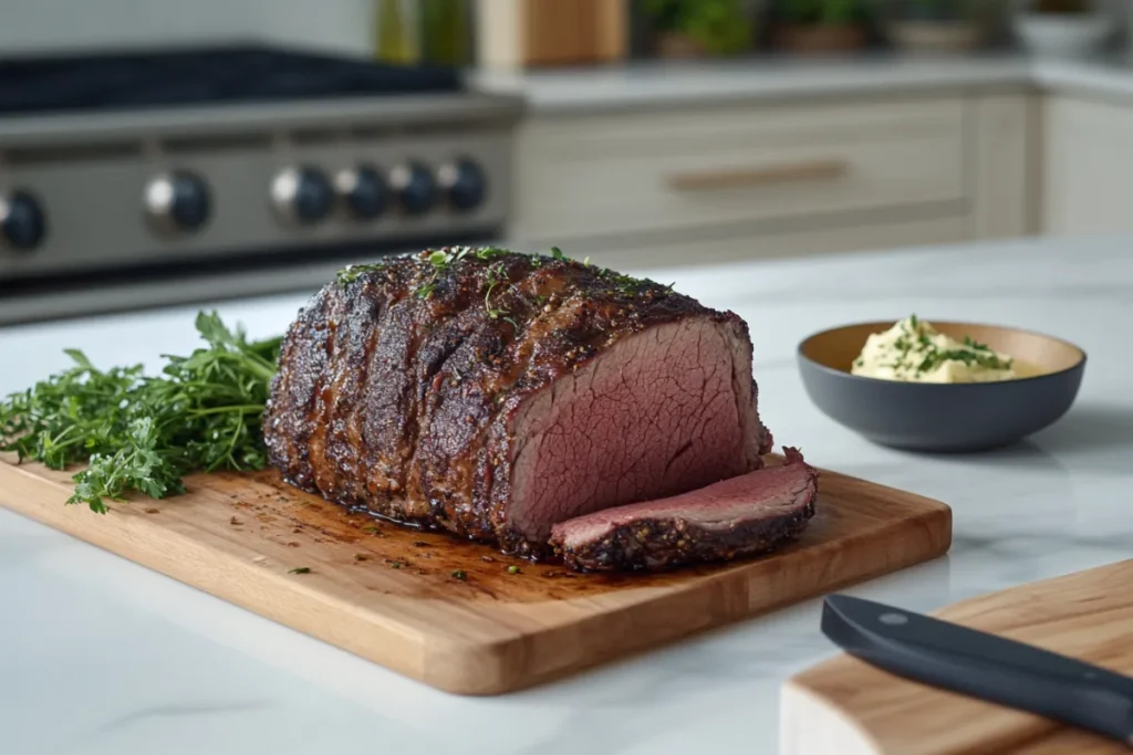 Smoked Chuck Roast on a wooden cutting board, showcasing a juicy interior and smoky bark, with fresh herbs and a carving knife in a modern kitchen setting.