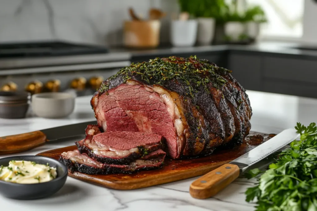 Smoked Chuck Roast on a wooden cutting board, showcasing a juicy interior and smoky bark, with fresh herbs and a carving knife in a modern kitchen setting.