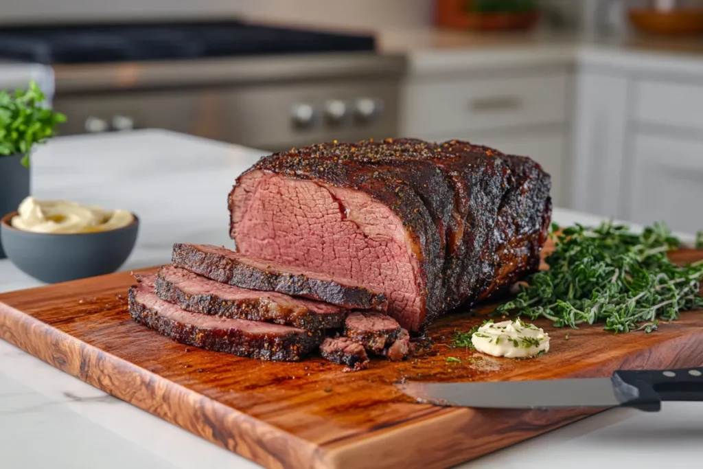 Smoked Chuck Roast on a wooden cutting board, showcasing a juicy interior and smoky bark, with fresh herbs and a carving knife in a modern kitchen setting.