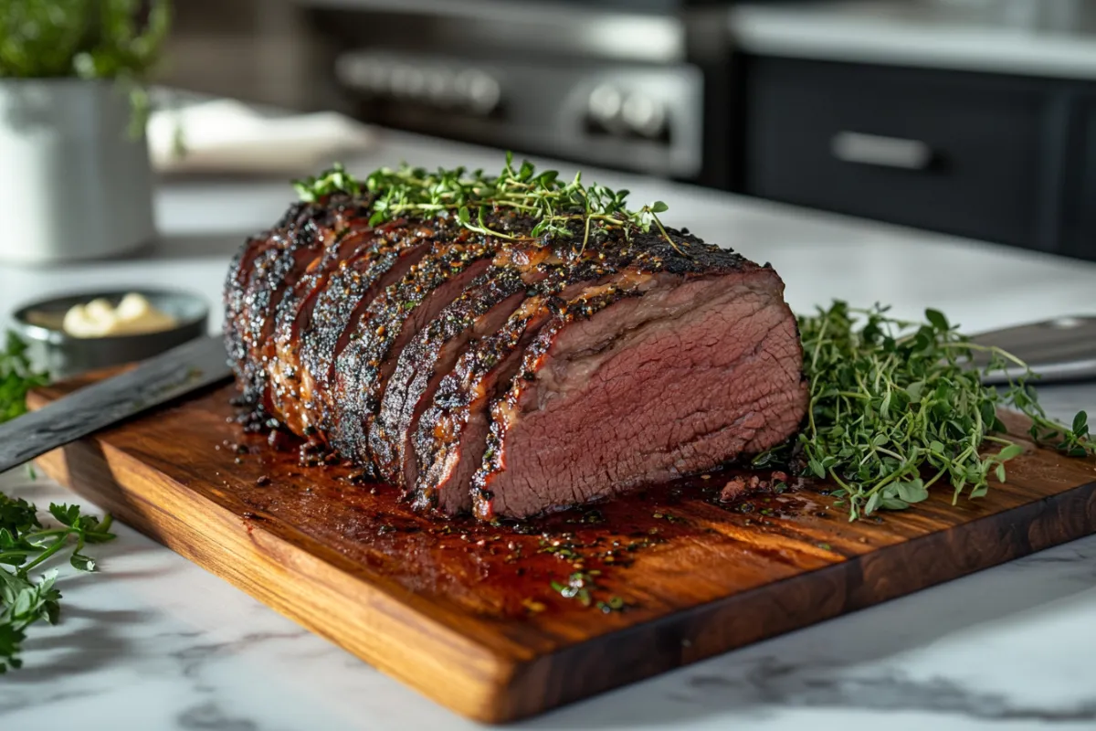 Smoked Chuck Roast on a wooden cutting board, showcasing a juicy interior and smoky bark, with fresh herbs and a carving knife in a modern kitchen setting.