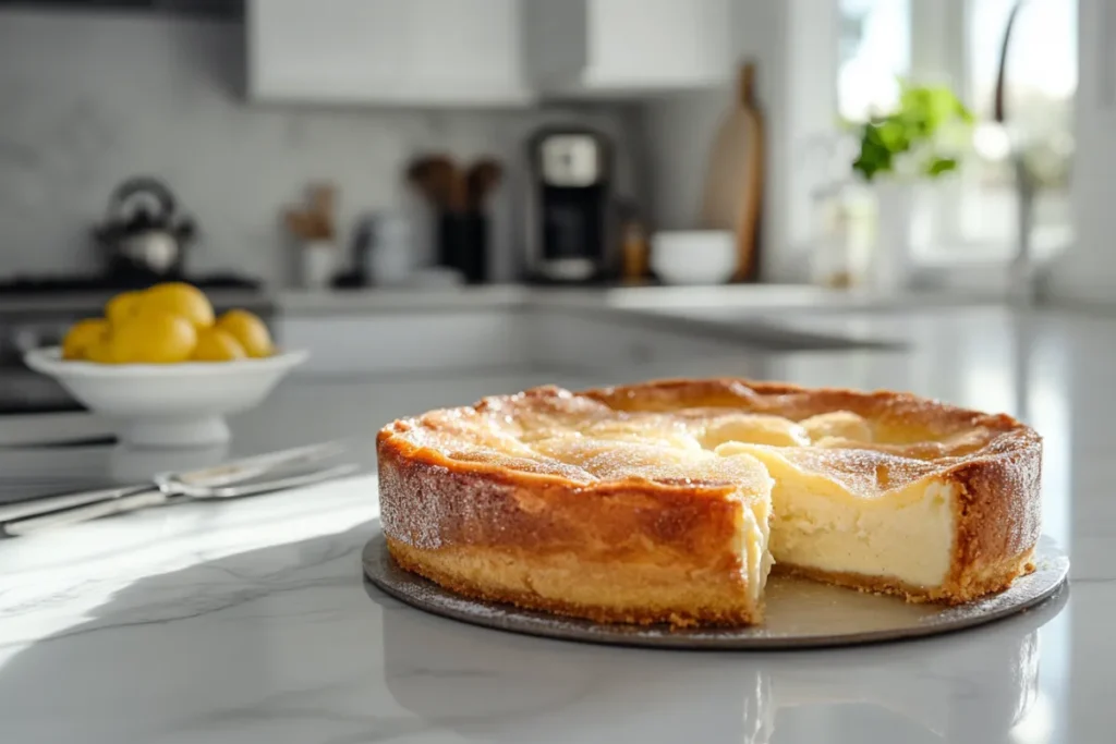 Golden-brown Sopapilla Cheesecake topped with cinnamon sugar, beautifully displayed in a modern kitchen setting.