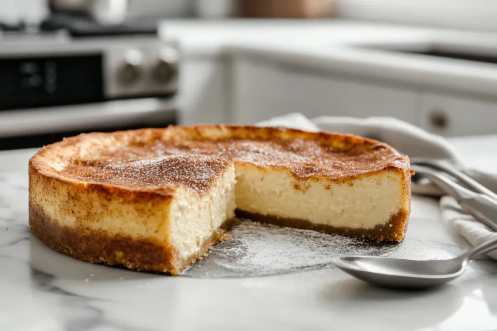 Golden-brown Sopapilla Cheesecake topped with cinnamon sugar, beautifully displayed in a modern kitchen setting.