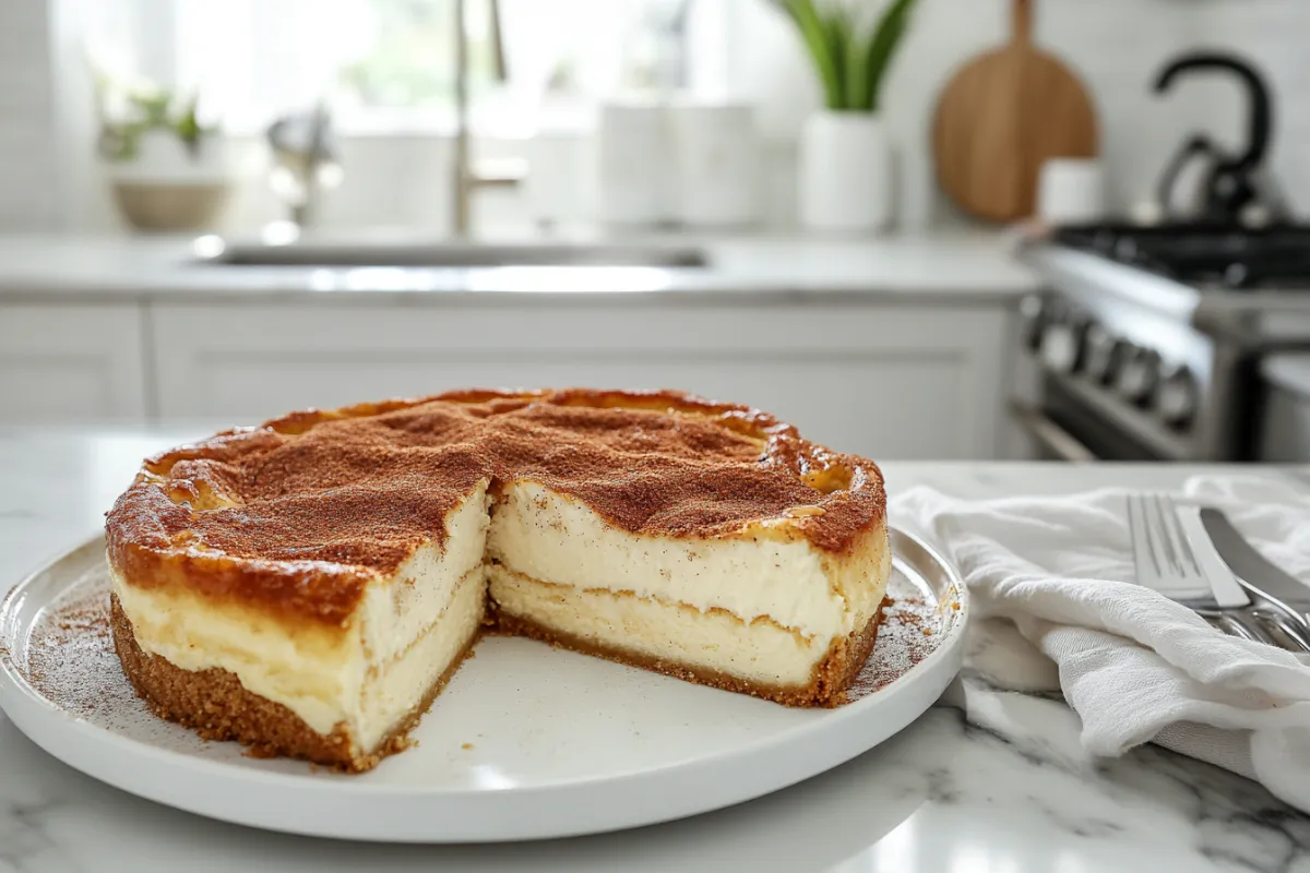 Golden-brown Sopapilla Cheesecake topped with cinnamon sugar, beautifully displayed in a modern kitchen setting.