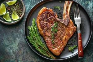 Overhead view of a perfectly grilled Tomahawk steak side by side on a rustic wooden board, highlighting the Tomahawk's long bone and the ribeye's rich marbling, surrounded by rosemary, sea salt, black pepper, and garlic butter.