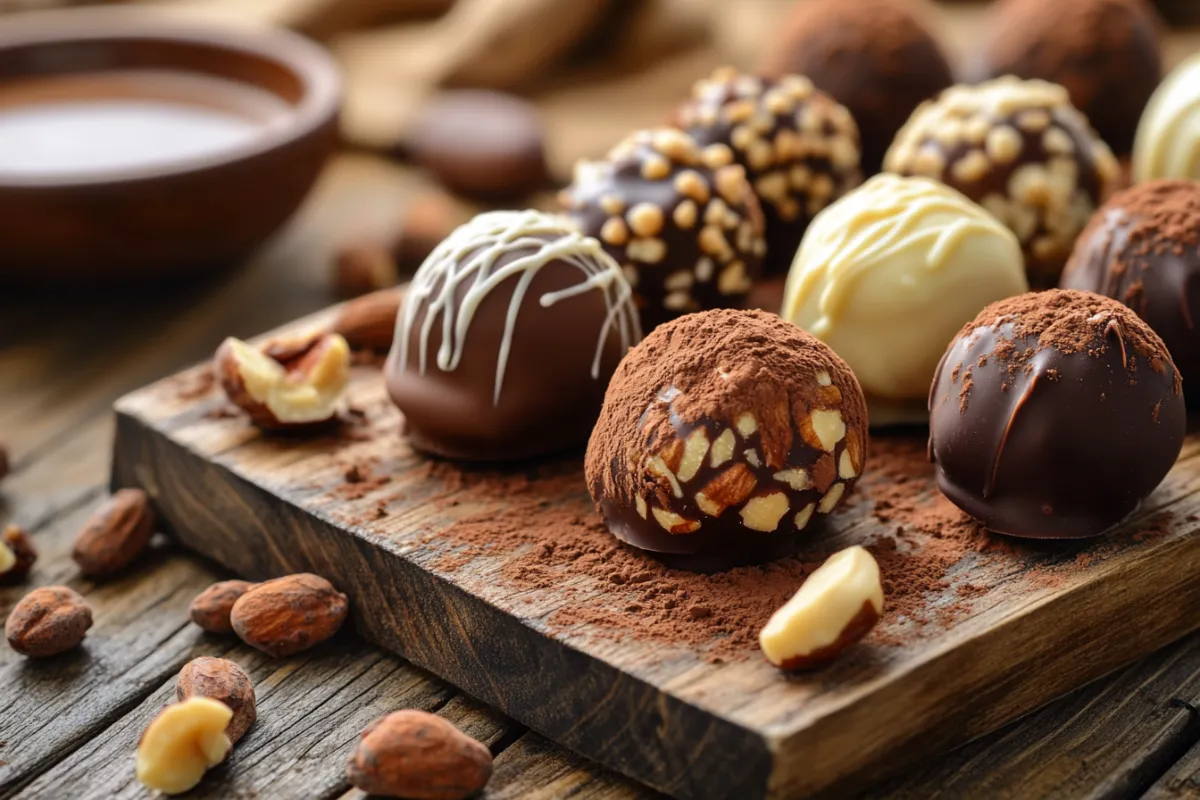 Close-up of homemade truffle chocolates on a rustic wooden board, coated in dark chocolate and cocoa powder, garnished with chopped nuts and drizzled with white chocolate.