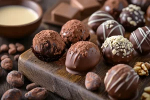 Close-up of homemade truffle chocolates on a rustic wooden board, coated in dark chocolate and cocoa powder, garnished with chopped nuts and drizzled with white chocolate.