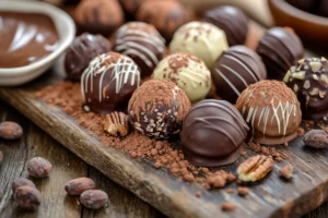 Close-up of homemade truffle chocolates on a rustic wooden board, coated in dark chocolate and cocoa powder, garnished with chopped nuts and drizzled with white chocolate.