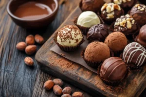 Close-up of homemade truffle chocolates on a rustic wooden board, coated in dark chocolate and cocoa powder, garnished with chopped nuts and drizzled with white chocolate.