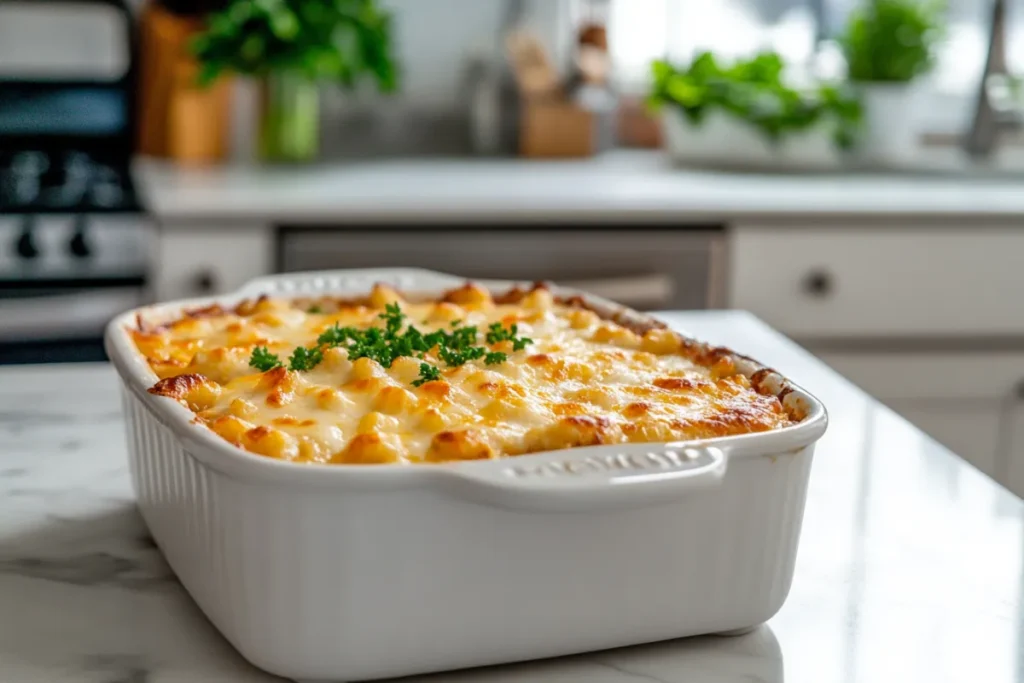 Close-up of a freshly baked Beefaroni dish, topped with melted cheese and garnished with fresh herbs, served in a modern kitchen setting.