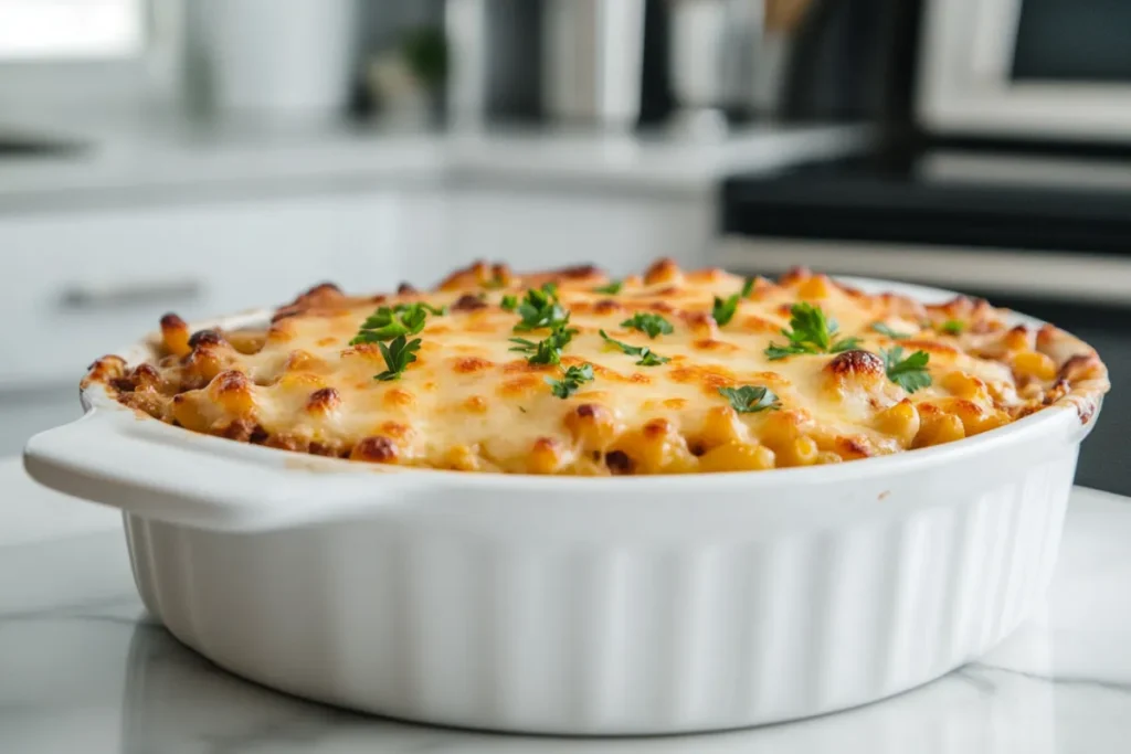 Close-up of a freshly baked Beefaroni dish, topped with melted cheese and garnished with fresh herbs, served in a modern kitchen setting.