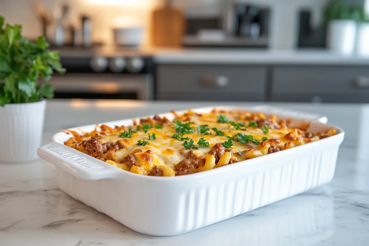 Close-up of a freshly baked Beefaroni dish, topped with melted cheese and garnished with fresh herbs, served in a modern kitchen setting.