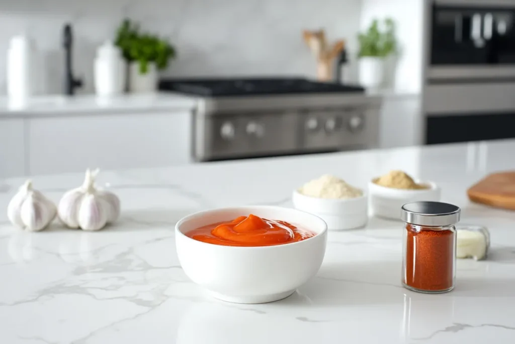 Boom Boom Sauce side by side in bowls on a modern kitchen countertop, showcasing their distinct colors and textures in a sleek setting.