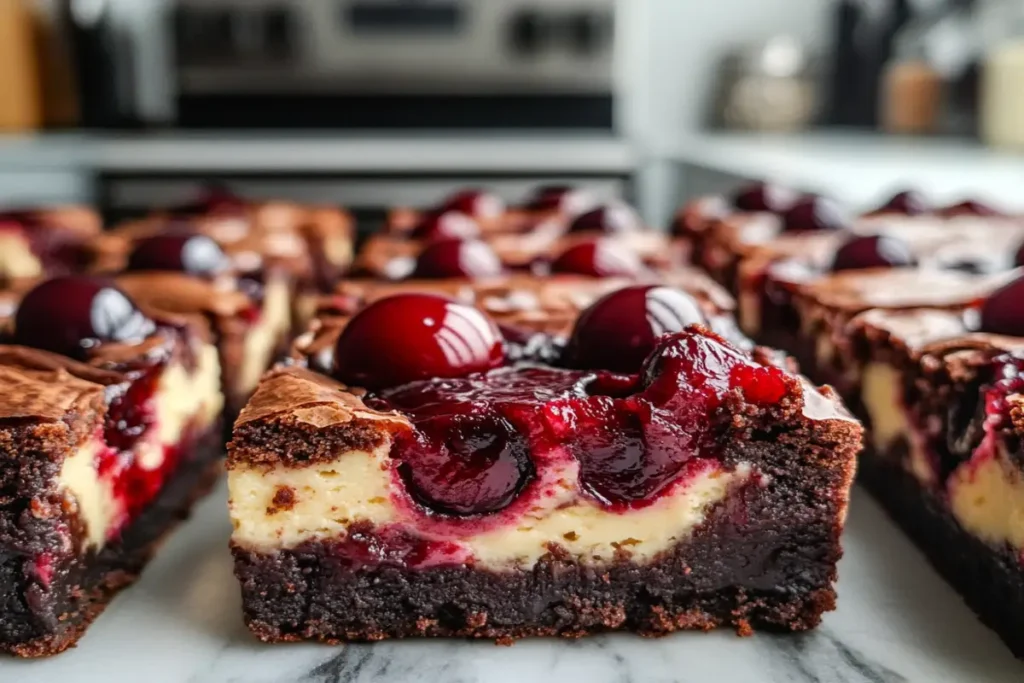 cherry cheesecake brownies with rich chocolate layers, creamy cheesecake swirls, and vibrant cherry topping. Presented on a modern kitchen counter