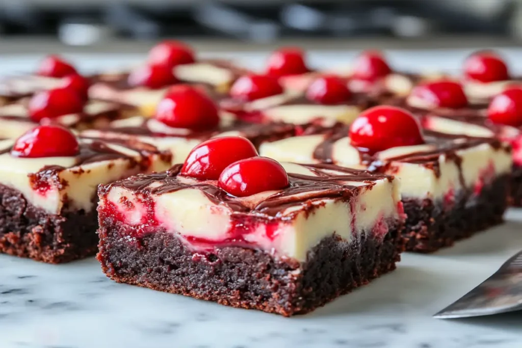 cherry cheesecake brownies with rich chocolate layers, creamy cheesecake swirls, and vibrant cherry topping. Presented on a modern kitchen counter