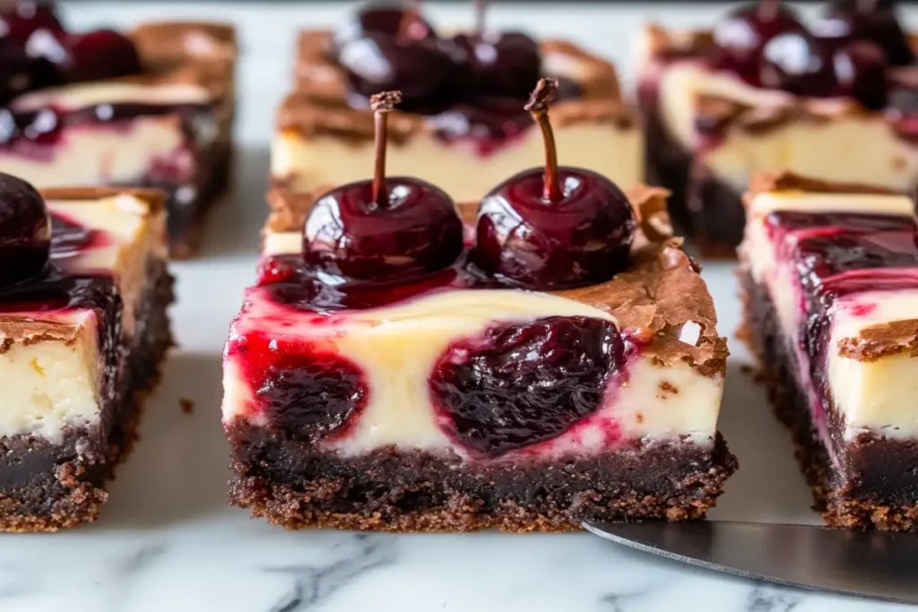 cherry cheesecake brownies with rich chocolate layers, creamy cheesecake swirls, and vibrant cherry topping. Presented on a modern kitchen counter