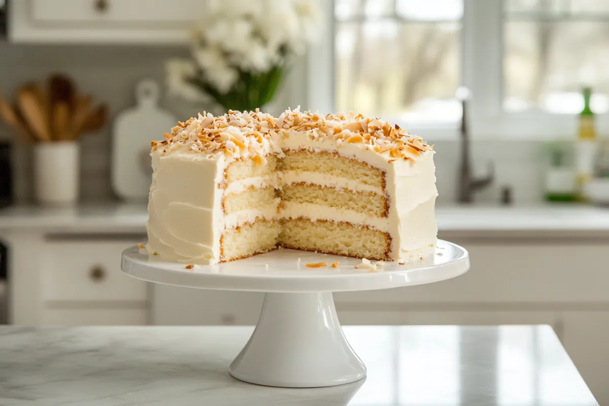 Close-up of a slice of moist coconut cake topped with cream cheese frosting and toasted coconut flakes on a white plate in a modern kitchen.