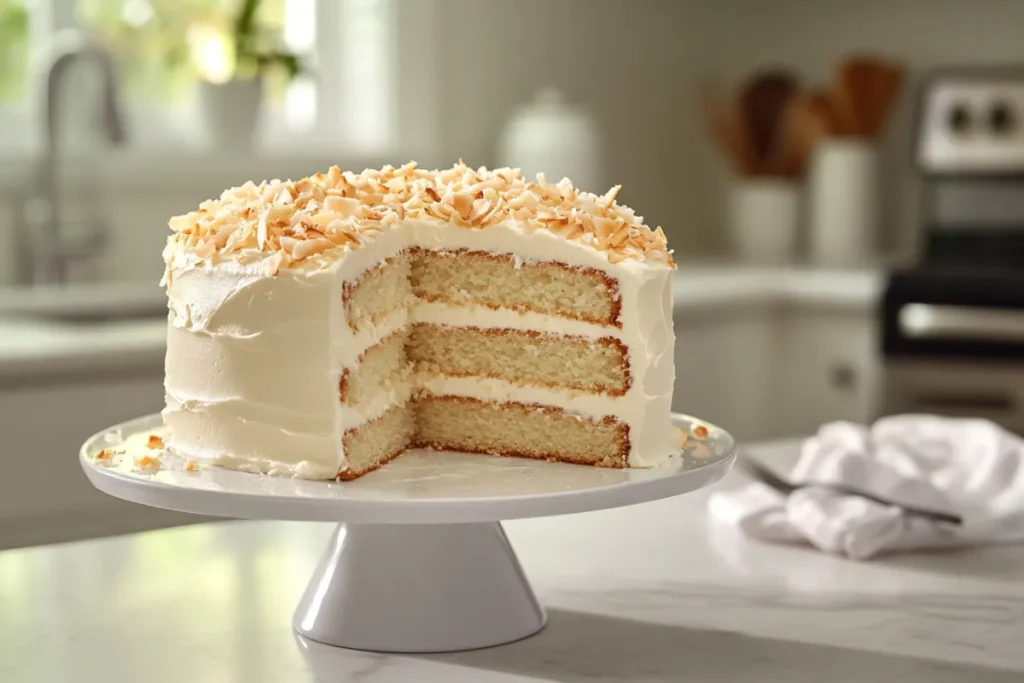 Close-up of a slice of moist coconut cake topped with cream cheese frosting and toasted coconut flakes on a white plate in a modern kitchen.