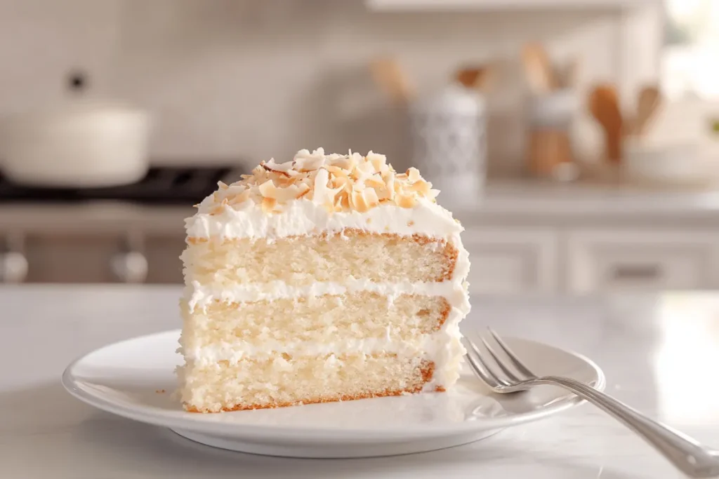 Close-up of a slice of moist coconut cake topped with cream cheese frosting and toasted coconut flakes on a white plate in a modern kitchen.