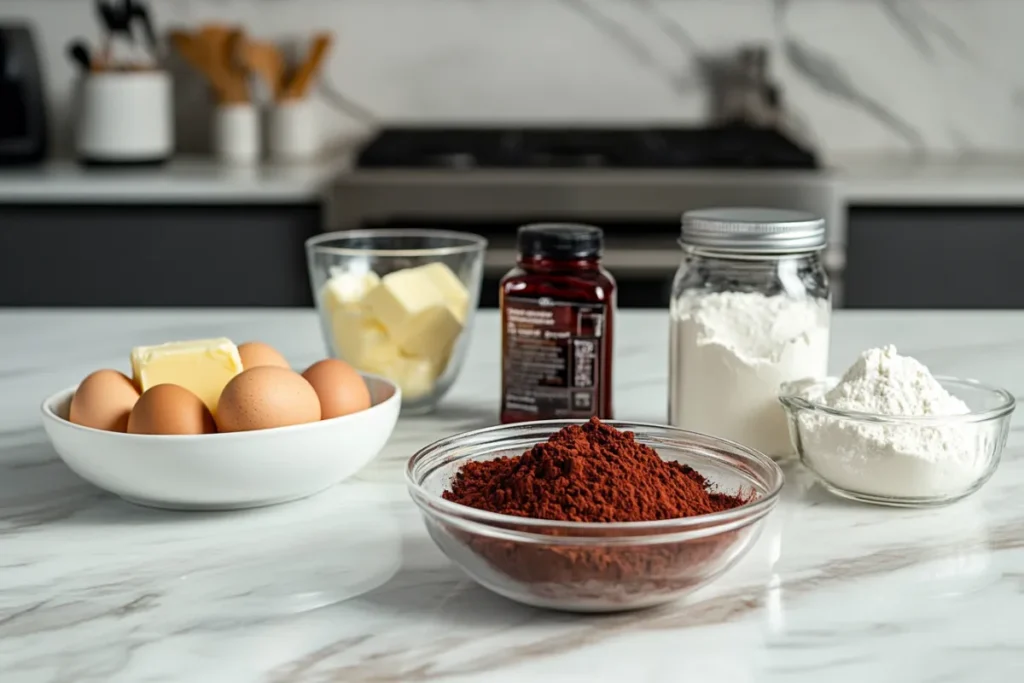 Freshly baked red velvet brownies topped with smooth cream cheese frosting, placed on a white ceramic plate in a modern kitchen setting, showcasing their rich, vibrant color and fudgy texture.