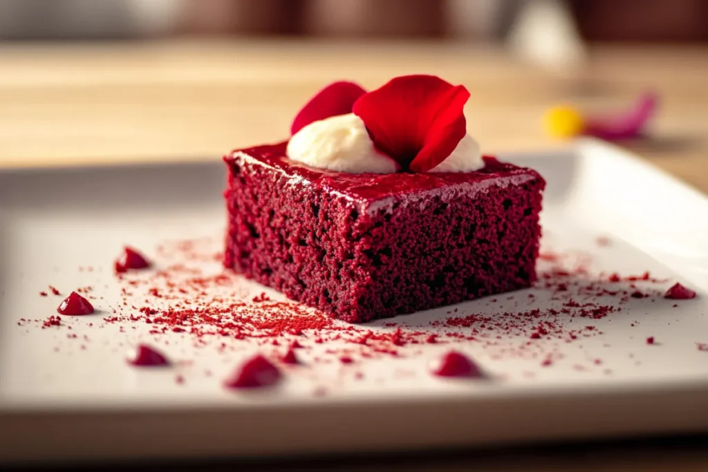 Freshly baked red velvet brownies topped with smooth cream cheese frosting, placed on a white ceramic plate in a modern kitchen setting, showcasing their rich, vibrant color and fudgy texture.