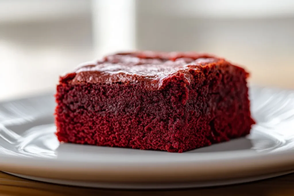 Freshly baked red velvet brownies topped with smooth cream cheese frosting, placed on a white ceramic plate in a modern kitchen setting, showcasing their rich, vibrant color and fudgy texture.