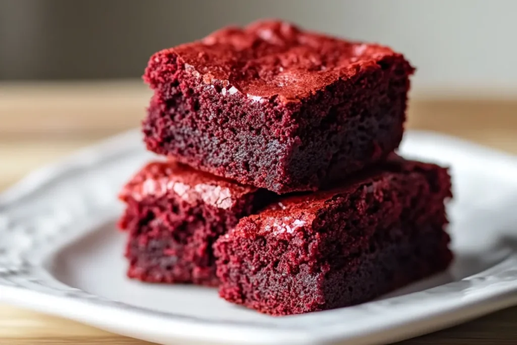 Freshly baked red velvet brownies topped with smooth cream cheese frosting, placed on a white ceramic plate in a modern kitchen setting, showcasing their rich, vibrant color and fudgy texture.