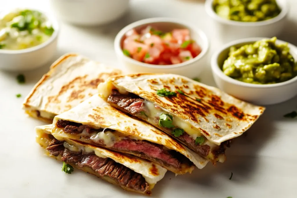 Perfectly cooked steak quesadilla with melted cheese and crispy tortillas, served on a modern kitchen countertop with fresh salsa and guacamole.