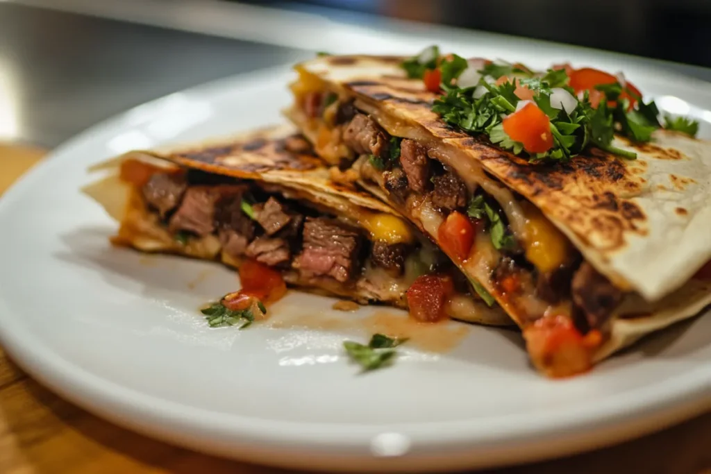 Perfectly cooked steak quesadilla with melted cheese and crispy tortillas, served on a modern kitchen countertop with fresh salsa and guacamole.