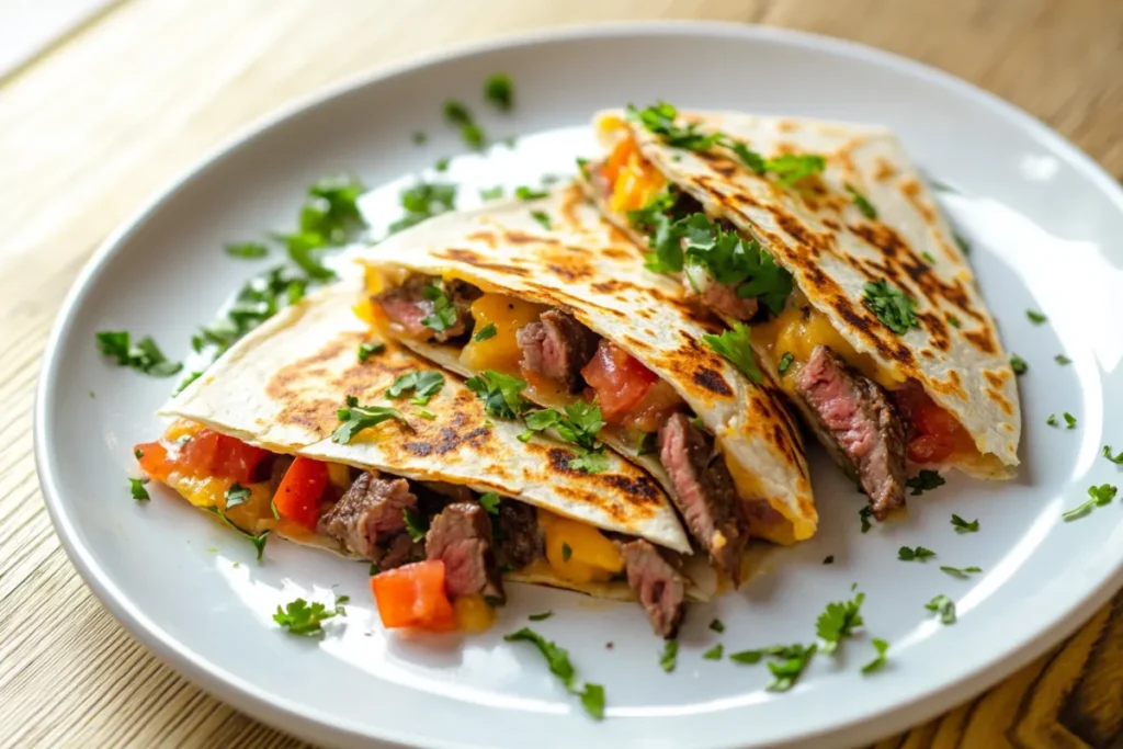 Perfectly cooked steak quesadilla with melted cheese and crispy tortillas, served on a modern kitchen countertop with fresh salsa and guacamole.