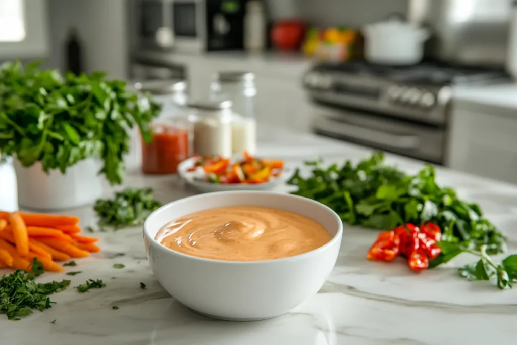 Boom Boom Shrimp Sauce in a bowl on a modern kitchen countertop, with shrimp and dipping sauce ready to serve, showcasing its creamy and vibrant texture.