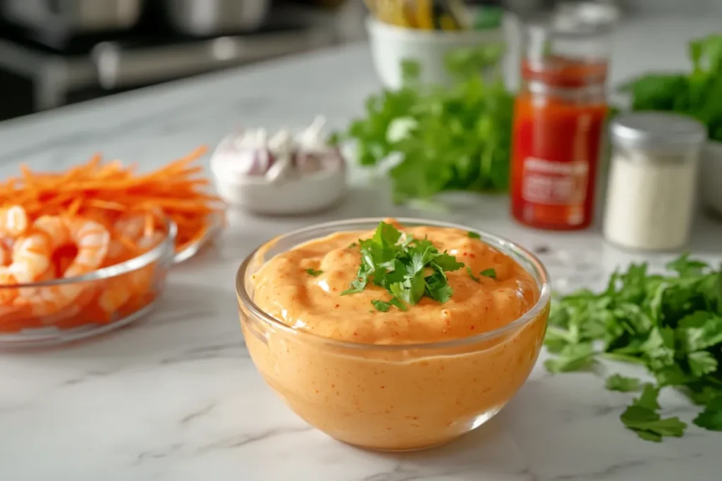 Boom Boom Shrimp Sauce in a bowl on a modern kitchen countertop, with shrimp and dipping sauce ready to serve, showcasing its creamy and vibrant texture.