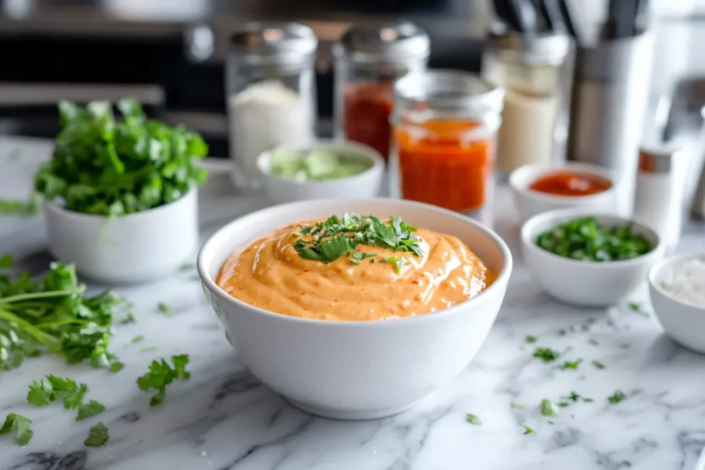 Boom Boom Shrimp Sauce in a bowl on a modern kitchen countertop, with shrimp and dipping sauce ready to serve, showcasing its creamy and vibrant texture.