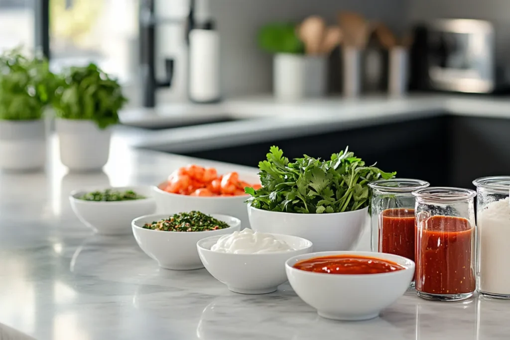 Boom Boom Shrimp Sauce in a bowl on a modern kitchen countertop, with shrimp and dipping sauce ready to serve, showcasing its creamy and vibrant texture.