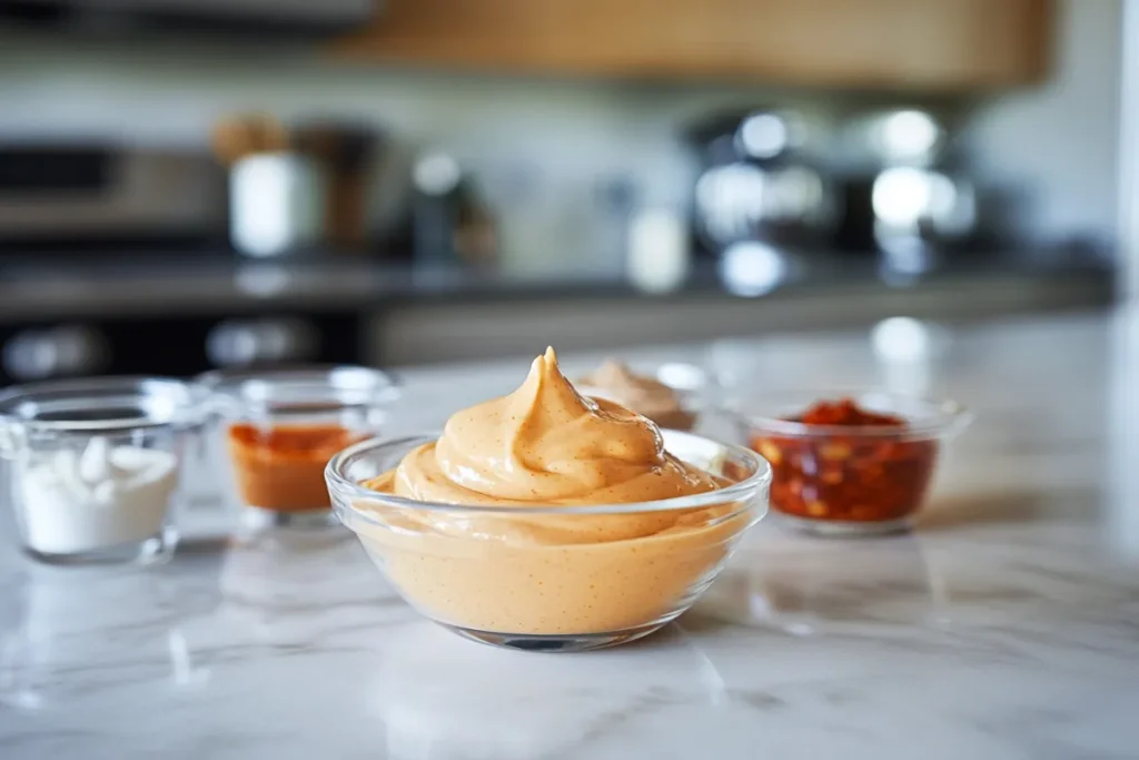 a bowl of creamy Boom Sauce on a modern kitchen countertop, showcasing its vibrant orange color and smooth texture in a sleek, contemporary setting