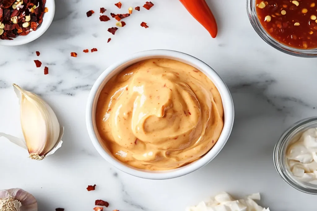 Close-up of a bowl of creamy Boom Sauce on a modern kitchen countertop, showcasing its vibrant orange color and smooth texture in a sleek, contemporary setting