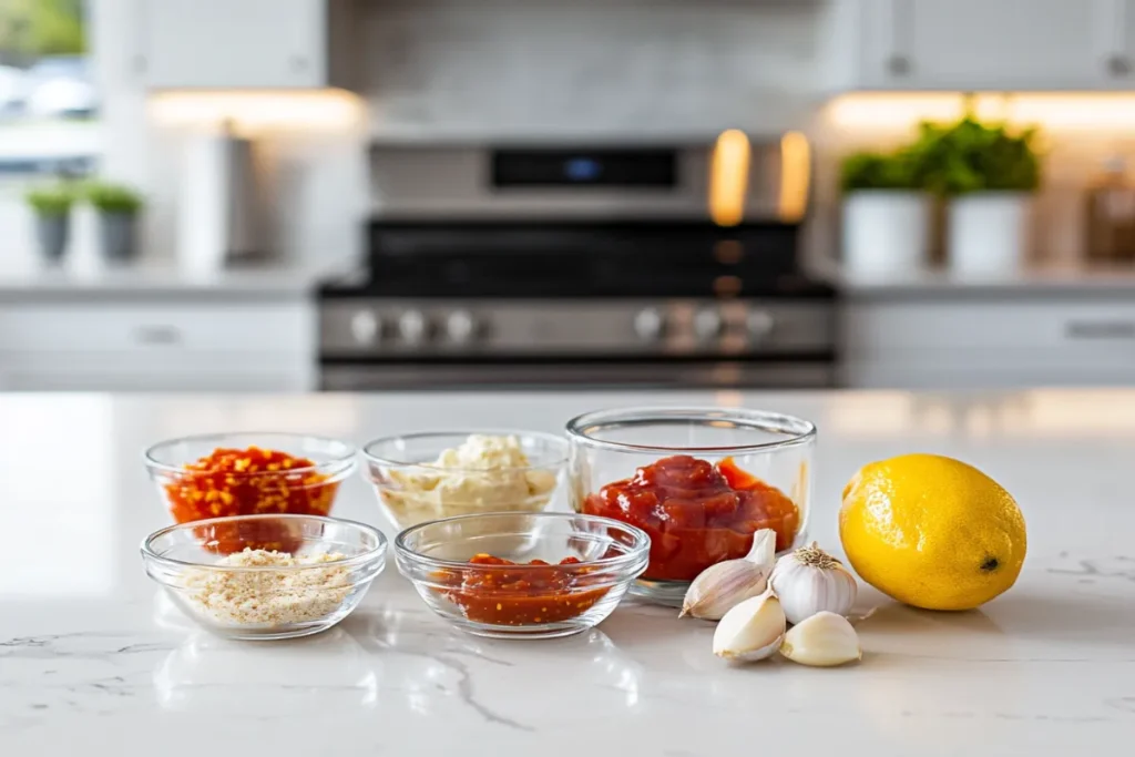 Close-up of a bowl of creamy Boom Sauce on a modern kitchen countertop, showcasing its vibrant orange color and smooth texture in a sleek, contemporary setting