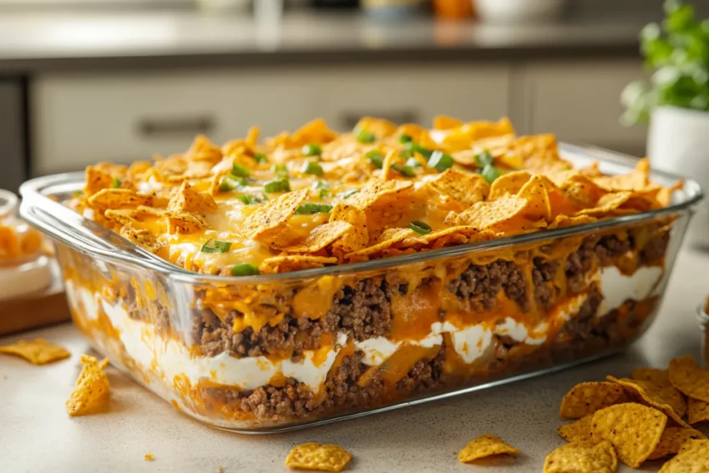 Close-up of a baked Dorito Casserole topped with melted cheese in a modern kitchen, showcasing its golden, crispy texture.