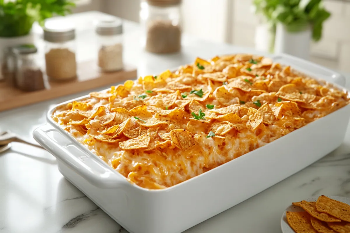 Close-up of a baked Dorito Casserole topped with melted cheese in a modern kitchen, showcasing its golden, crispy texture.