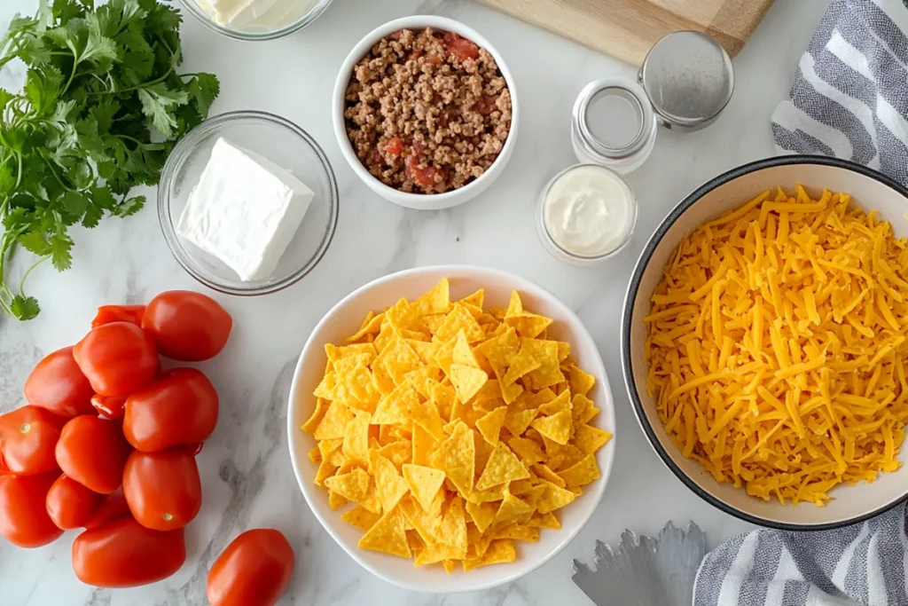 Close-up of a baked Dorito Casserole topped with melted cheese in a modern kitchen, showcasing its golden, crispy texture.