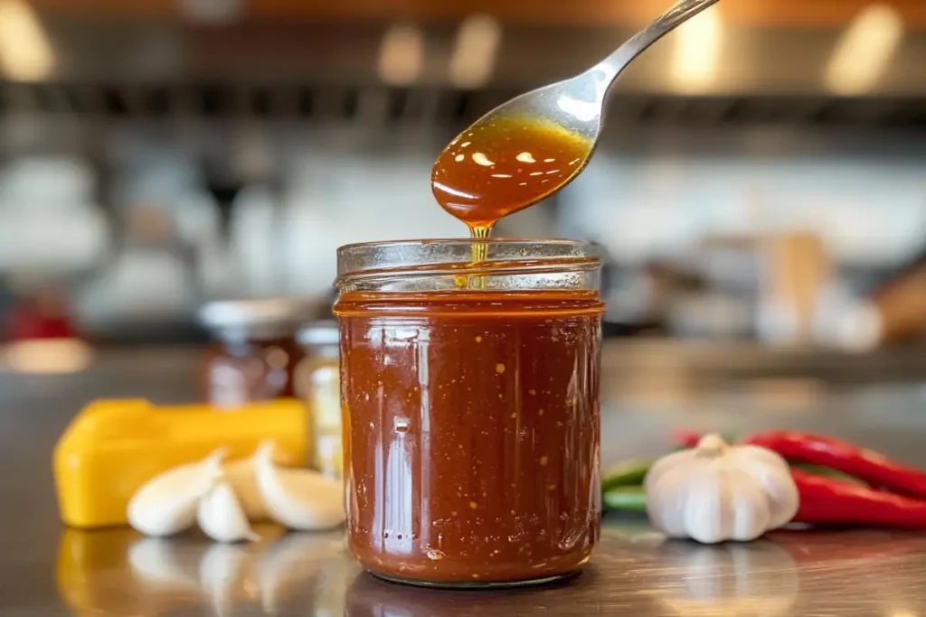 Close-up of homemade honey sriracha sauce in a jar, showcasing its rich, glossy texture in a modern kitchen setting. Perfect blend of sweet and spicy flavors.