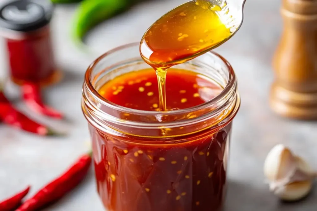 Close-up of homemade honey sriracha sauce in a jar, showcasing its rich, glossy texture in a modern kitchen setting. Perfect blend of sweet and spicy flavors.