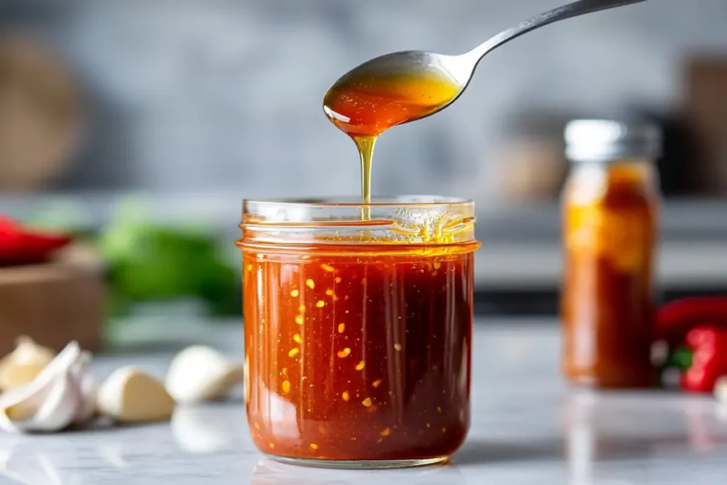 Close-up of homemade honey sriracha sauce in a jar, showcasing its rich, glossy texture in a modern kitchen setting. Perfect blend of sweet and spicy flavors.