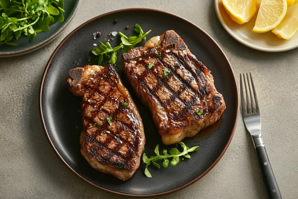 Close-up of perfectly cooked New York Strip and Ribeye steaks on a modern kitchen countertop, highlighting their texture and marbling.